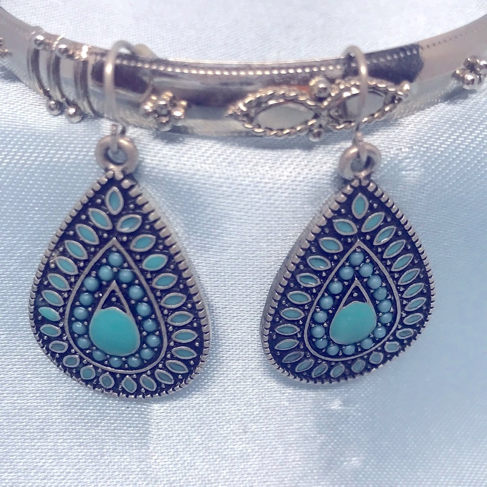 Turquoise Enamel and Pewter Drop Earrings
